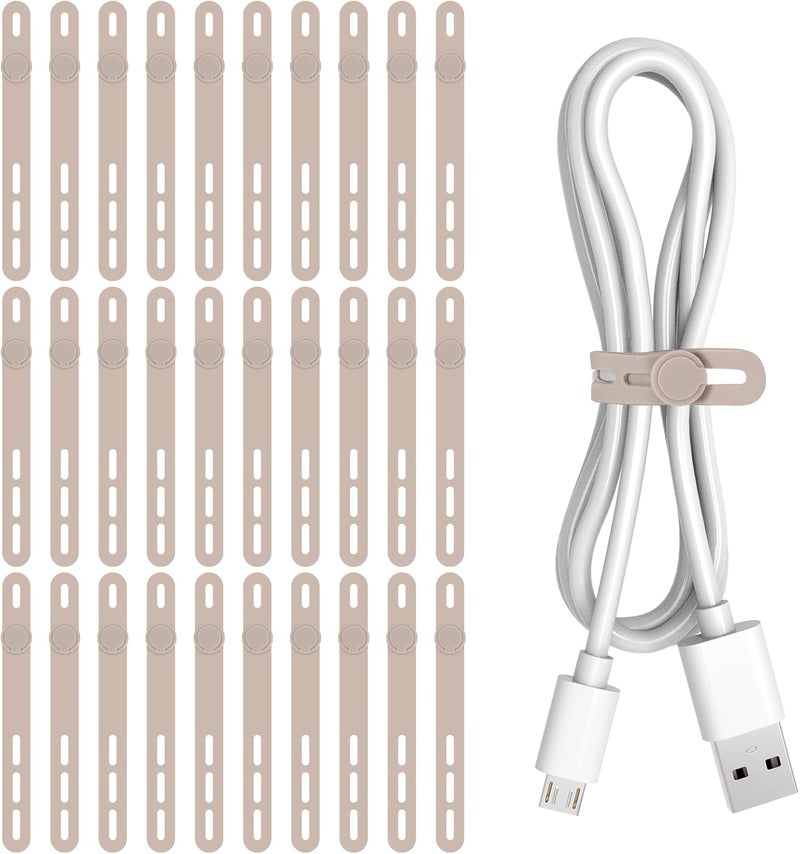 Donruby 30Pcs Silicone Cable Ties - Reusable & Washable with Adjustable Locking Buckles, High Elasticity Cable Management Straps for Home, Office, School, Travel Essential Cord Organizer (Khaki) - Image 1